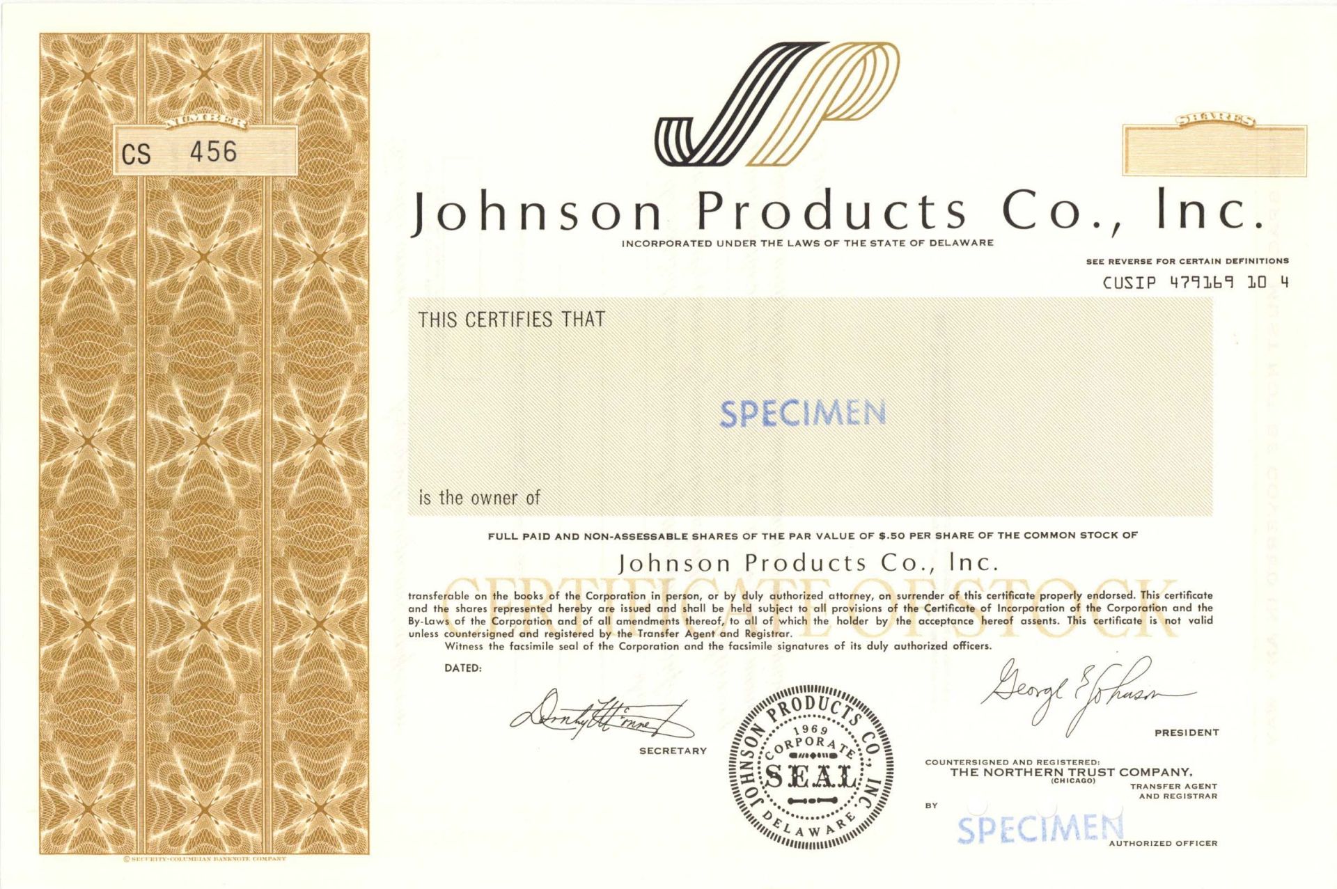 Johnson Products Co. 1969 Stock Certificate