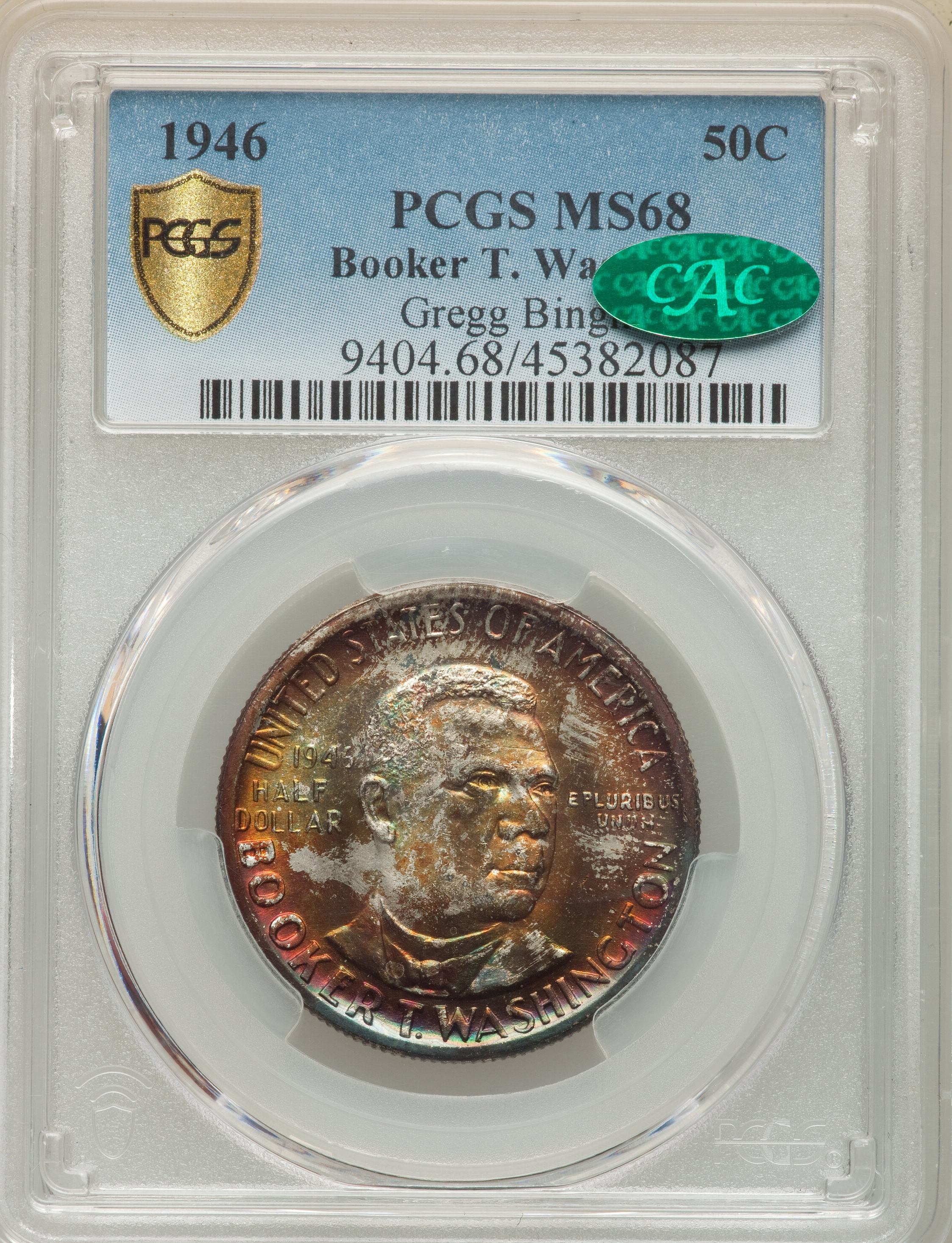 1946 Booker T. Washington Commemorative Half Dollar, MS68 (PCGS, CAC) – Incredibly Toned